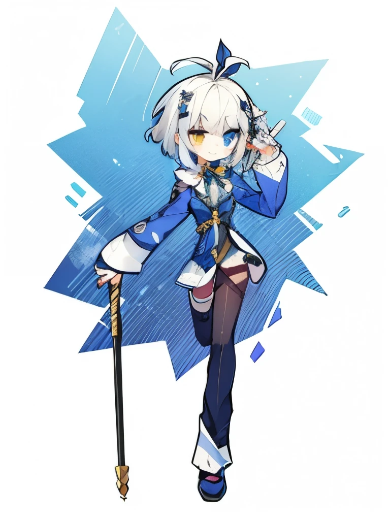 An anime girl in a blue suit,short hair,Aho,Holding a cane,One-legged,The leg is broken,trousers,Smile,Gold decoration,Heterochromia