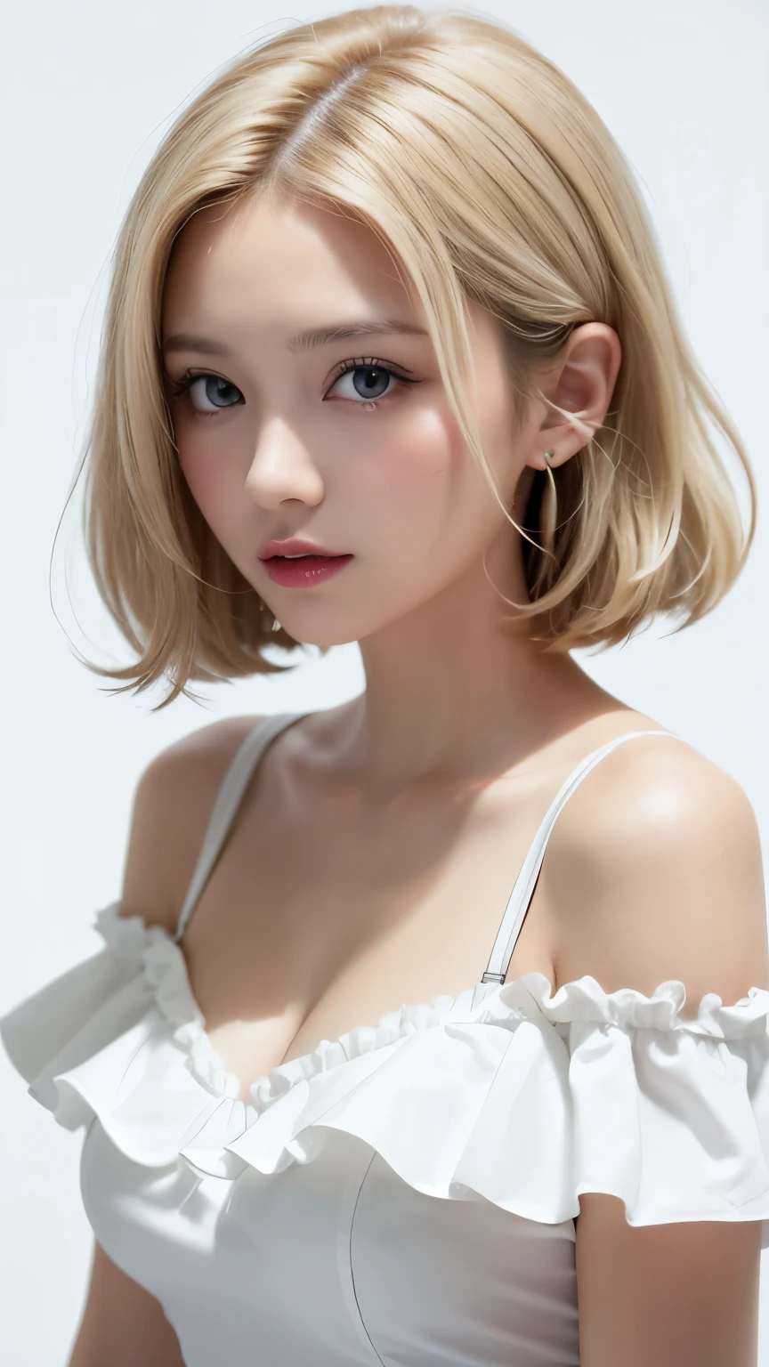 (((forehead、White Blonde Hair、Northern Europe、White people、beautiful girl、Blonde、White background、sexy、Big Breasts、Frills、Off-the-shoulder strap dress)))、table top, highest quality, figure, super detailed, finely, High resolution, 8k wallpaper, Perfect dynamic composition, detailed and beautiful eyes, Deco out,bionde, medium hair, big breasts, Natural color lip,white background, random cute poses,frill dress