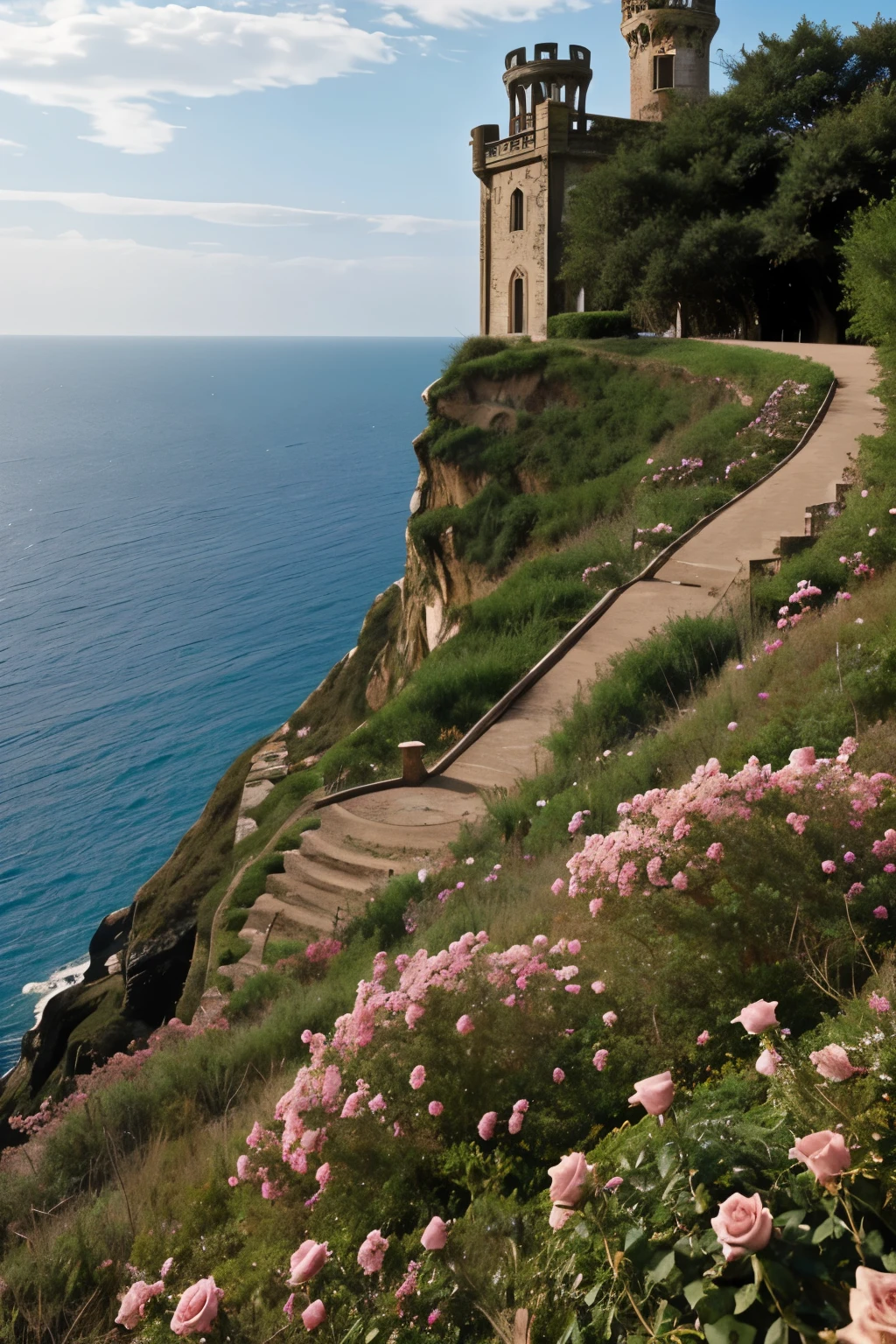 I want a tower covered in rose bushes seen from a ground level perspective that is located on the side of a cliff and that the background is the sea that looks deteriorated and abandoned but the image has a tinge of nostalgia 