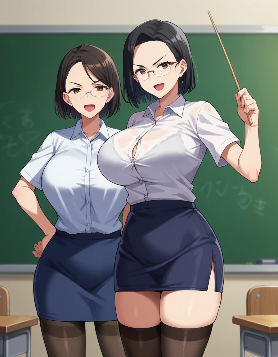 score_9, score_8_up, score_7_up, score_6_up, score_5_up, score_4_up, BREAK, source_anime, anime screencap, anime coloring, a stiff-looking beautiful female teacher, detailed beautiful big brown eyes, huge breasts, 36 years old, milf, black hair, skinny, One length medium bob hair, asymmetry_bangs, forehead, hair behind ear, Wears glasses, white shirts, short sleeves, black micro skirt, skintight, zettai ryouiki thighhighs, teaching in front of the blackboard, holding a indicator stick and a textbook, smile, v shaped eyebrows, open mouth, classroom, thigh gap, many students