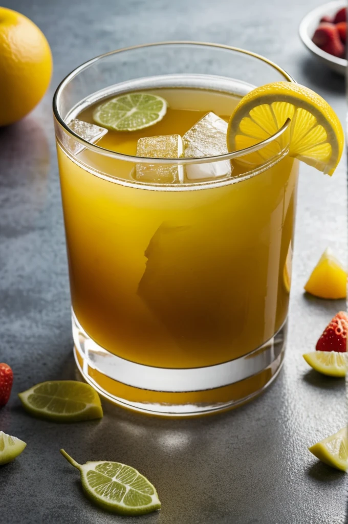 A glass with gelatin and in the middle of the gelatin some pieces of fruit