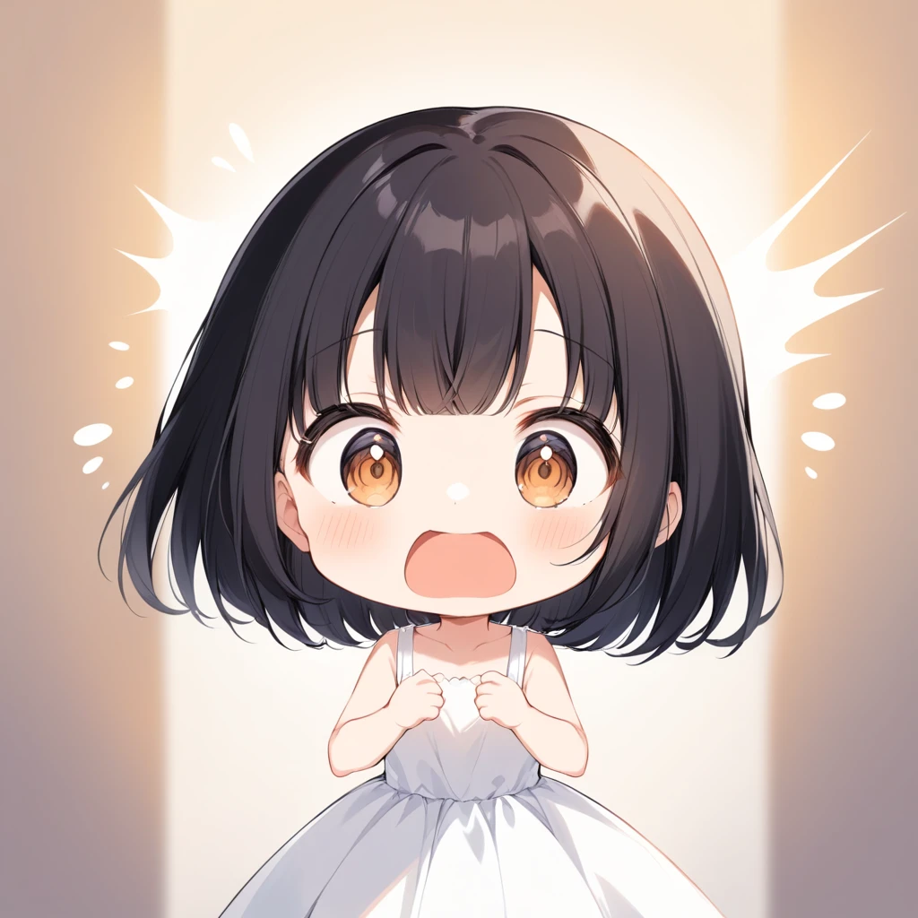 cute女の子、黒い真ん丸なcute目、Black Bob、White dress、1 person、Surprised、cute