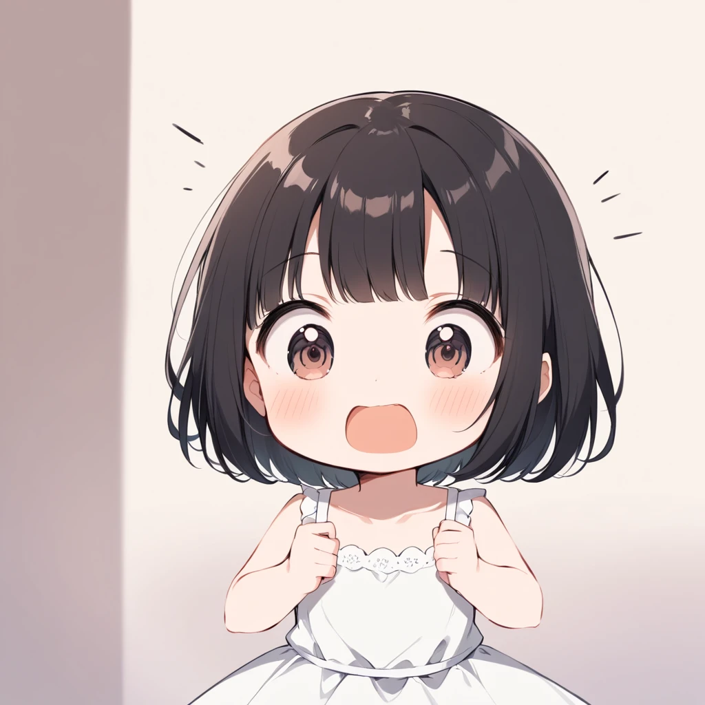 cute女の子、黒い真ん丸なcute目、Black Bob、White dress、1 person、Surprised、cute