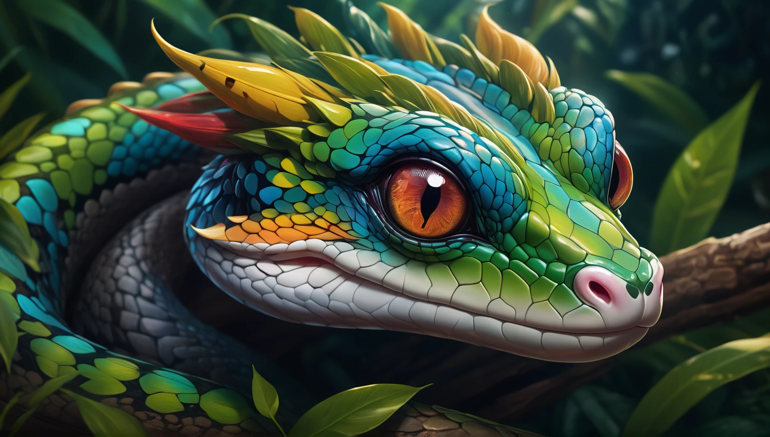 Image of a boa constrictor looking directly at the camera with a penetrating and mesmerizing gaze. Its head appears to be in motion, creating a dynamic effect. The eyes shine intensely, and the details are incredibly sharp. The boa's skin reflects light beautifully, showcasing a vibrant array of colors. The image, with its ultra-detailed 4K quality, is truly stunning, evoking the beauty and intensity of an Ayahuasca vision.