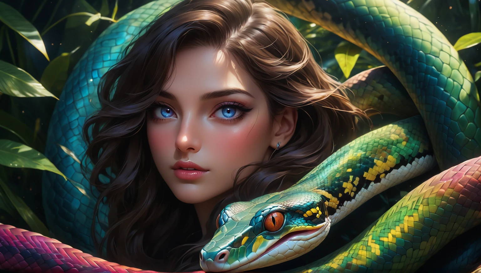 Image of a boa constrictor looking directly at the camera with a penetrating and mesmerizing gaze. Its head appears to be in motion, creating a dynamic effect. The eyes shine intensely, and the details are incredibly sharp. The boa's skin reflects light beautifully, showcasing a vibrant array of colors. The image, with its ultra-detailed 4K quality, is truly stunning, evoking the beauty and intensity of an Ayahuasca vision.