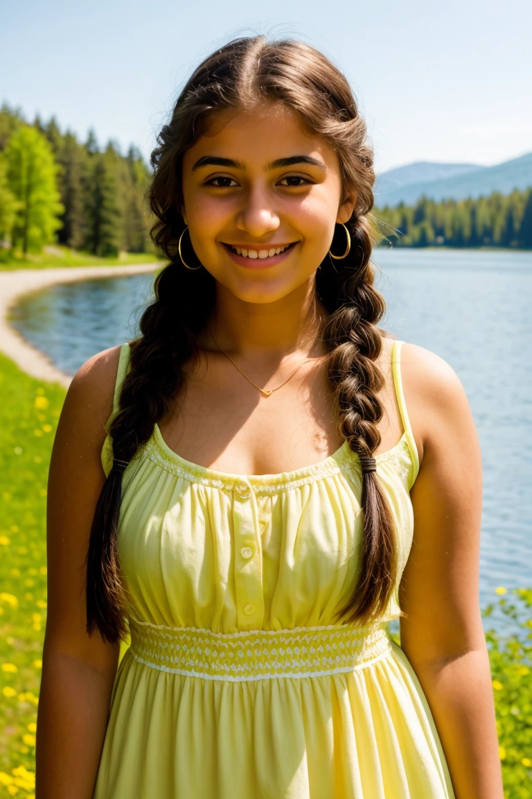 14 years old girl named mouni, wearing sundress, lakeside, bokeh, curvy, perfect body, wearing sundress, smile, Beautiful smile, closeup full body photo taken on i phone, smile, braided hair, without makeup, sunlight,((Realistic: 1.2)),Ultra Realistic, ultra HD, sun kissed, beautiful scenery