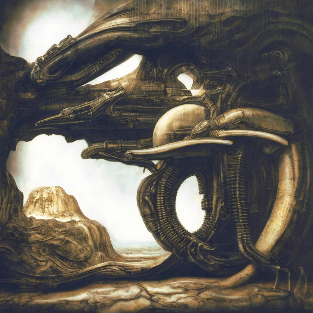 The image is a detailed view of H.R. Giger's biomechanical tableau \" Landscape XVI \" plate, featuring.
(airbrush painting, Giger's alien in front of broken alien ship in landscape, natural light, sharp focus, illustration, highly detailed, digital painting, concept art, matte, art by gric and kozhanov and moebius and Alphonse Mucha, masterpiece, HDR ,UHD , uplight, in HRGigerArhP style);1.
surrealistic painting of a monster with multiple tentacles and a body that looks like a brain, surrounded by a chaotic scene of swirling clouds and other monsters
It's a complex network of bones and organs in eldritch color scheme:a greenish-brown hue ,swirling gery and brown colors. The artwork is silverish and green brown, with an ivory bones prominently displayed. The image is highly detailed and intricate, almost like a 3d version of a medical sketchwork.
The piece is a tableau, most likely created with a India ink pen or pencil on paper, determined by the thin lines, shading techniques, and the texture of the paper, which is visible around the edges.
Used is pen, given the shading and variations in line weight visible in the image. Artist have used a variety of stylus with different degrees of hardness to achieve the shading effects.
The use of undersaturated green-grays dark contrasts creates a stark and graphic look. Is used a variety of linework techniques to create different textures. Fine, parallel lines create a smooth, metallic texture,while thicker, more cursive lines suggest cables or wires.
Light source from the top highlights skeletals, pper part of foreground, lower part of image is in shadowupper part of foreground, lower part of image is in shadow.
The art performance showcases the artist’s skills in observation and rendering. The level of detail in the piece suggests a close study of real bone specimens and mechanics. The artist has skillfully used shading techniques to create a convincing illusion of three-dimensionality on a flat surface. The wrinkles