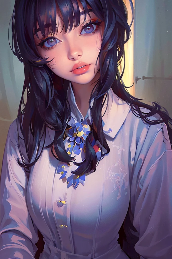 8K, Best Quality, 1girl, (skindentation), Night, (Dark), Clear Background Indoors, (People), Beautiful Bangs, Gorgeous,, (Clothing and Uniform:1.3),Soft Lighting, Attractive, Dark Room, (Mouth Closed:1.2, Beautiful Eyes, Detailed Eyes, Detailed Iris, Beautiful Lips, Beautiful Nose, Beautiful Face),(Primary Colors:1.5)