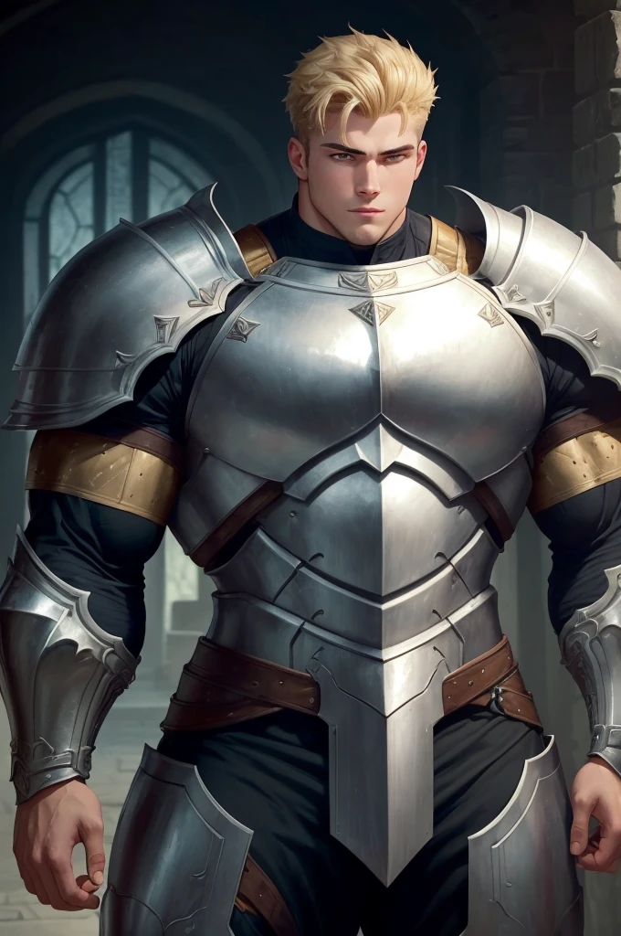 An armored college boy.   He is covered in full knight armor and holds a sword.  Hulking upper body with wide shoulders and a very thin waist (28 inch waist).  Tall young man.  Massive chest with plump pectorals. Giant, powerful chest.  Massive, muscular arms with giant, plump biceps and giant triceps. He wears a full suit of armor. White, German ethnicity, and styled golden blonde hair. Extremely handsome young nan with beautiful eyes and a beautiful smile.