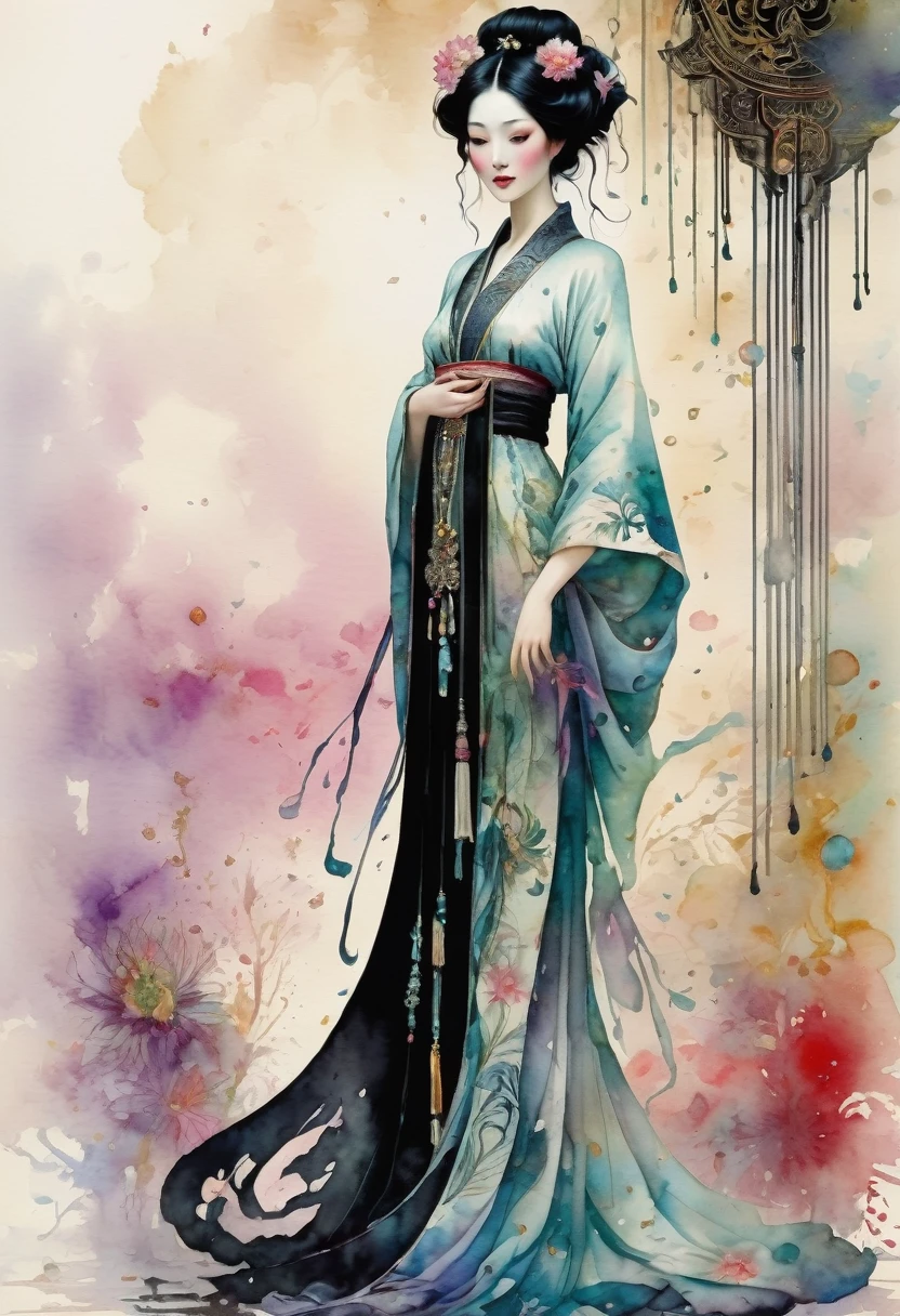 A Beautiful empress, porcelain white, black hair, wearing a traditional ornate robe, Harrison Fisher and Catrin Welz-Stein, ink, vivid colours, highly detailed, ((Full body picture))