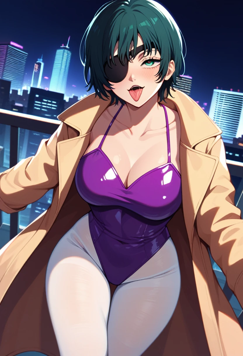 mature female, mature, Adult, himeno, himeno(Chainsaw Man), 1girl, black hair, short hair, eyepatch, Himeno(Chainsaw Man), solo, naughty face, rolling_eyes, cross-eyes, ahegao, open mouth tongue out, nsfw, Villains, Open coat, latex purple leotard under the trench coat, Light green pantyhose, chest, View your audience, Night town, City, skyscraper, Night, Dark, dramatic angle, unique perspective, unique angle, masterpiece, Top animation quality，Top image quality,