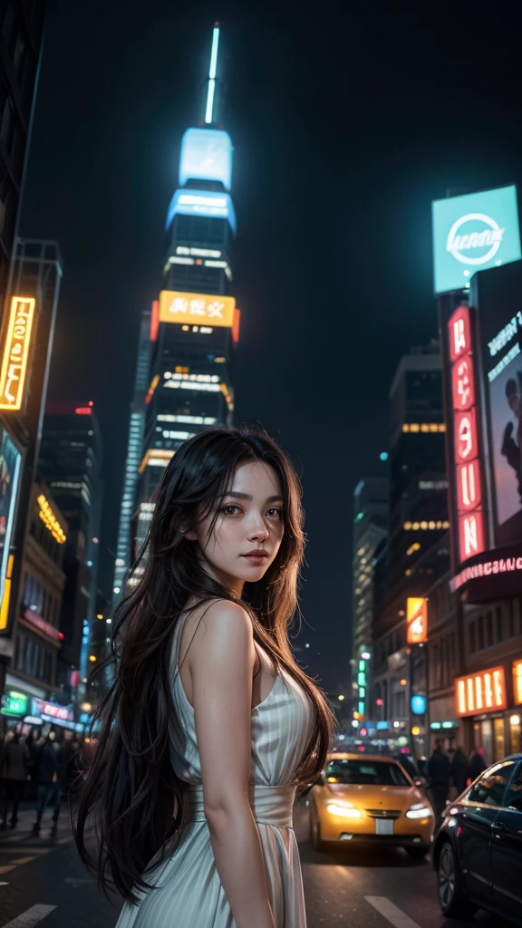 a vibrant and busy street filled with colorful lights from neon signs and illuminated buildings. Among the crowd, a young woman walks gracefully , her long locks reflecting the vibrant colors around her. Her eyes, bright and captivating , shine like stars , standing out against the hustle and bustle of the city.
In the background, illuminated skyscrapers and cars passing quickly with headlights that look like streaks of light , give a feeling of movement and urban energy . The entire composition exudes a romantic and ethereal mood, with the contrast between the liveliness of the city and the tranquil beauty of the woman creating an atmosphere of enchantment and fascination . photorealistic cinematic cinematic photography
