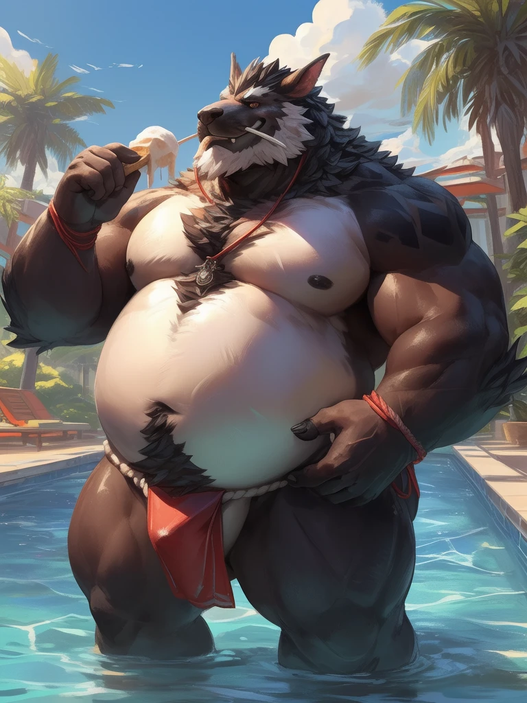 lindong, lucusold, lanxus, a man with a huge belly, furry walrus eating ice cream, pool, ((fat ripped:1.2, overhang, chubby, more chubby, fat, very huge belly:1.5,)), smile, thicc, lowres, (fundoshi), giant and fat, danbooru and artstation, heavy detailed, insanely inflated , , proportionally arms, fluffy , commission for high res, detailed but rough, semirealistic:1.3