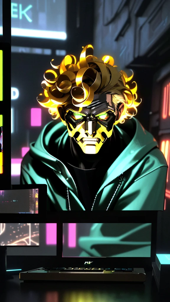 a hacker late ager boy, cyberpunk, young boy, sexy, blonde hair, blue hoodie, detailed face, sharp eyes, beautiful boy, pretty face, sexy, curly hair, smirk, glowing computer screens, neon city lights, futuristic technology, moody lighting, cinematic atmosphere, dark colors, gritty urban environment, realistic 3D render, (best quality,4k,8k,highres,masterpiece:1.2),ultra-detailed,(realistic,photorealistic,photo-realistic:1.37)