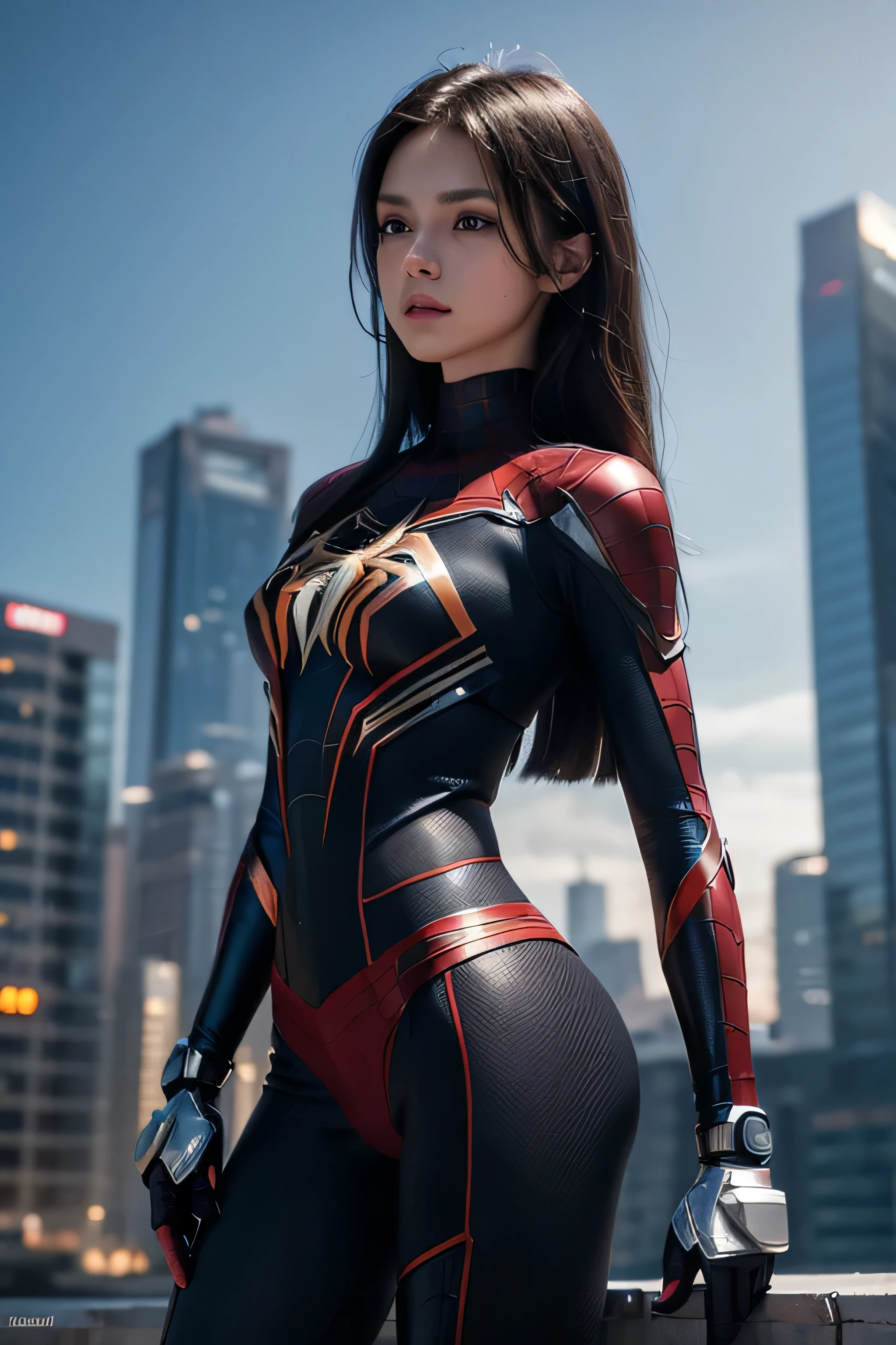 female spider-man，Beautiful Satomi Ishihara、Raw feet、Green Leotard Suit，poneyTail、Beautiful camel toe、Raw wrists、Beautiful navel、Beautiful udder、beautiful thigh、Beautiful arms、Black spider symbol，high-heels、，Golden ratio body, Flexible body，Calm expression，New York City at night，Handsome gestures，heroism，majestic appearance，Abs