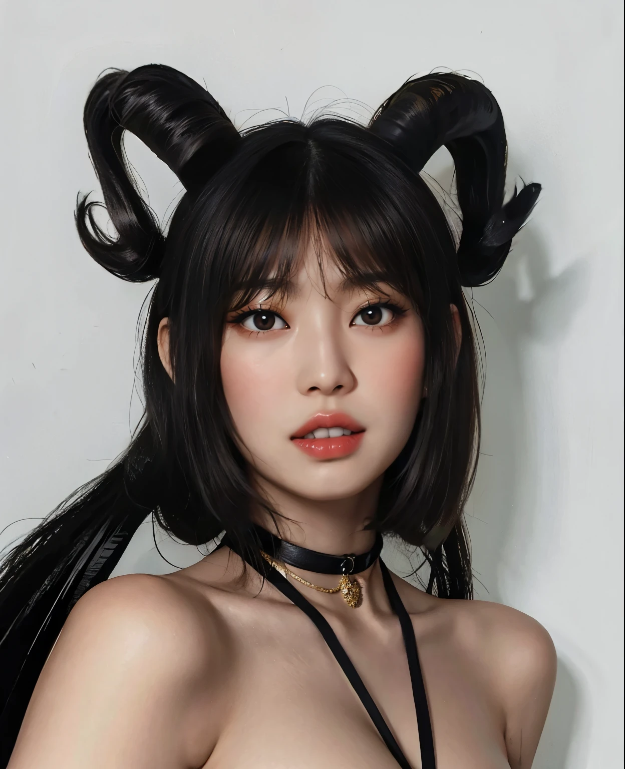 arafed woman with horns and a black dress posing for a picture, cruel korean goth girl, goth girl aesthetic, girl design lush horns, with black horns instead of ears, demon girl, horns and red eyes, with horns, white horns queen demon, demon horns, goth aesthetic, portrait of demon girl, cute horns, 1 7 - year - old anime goth girl
