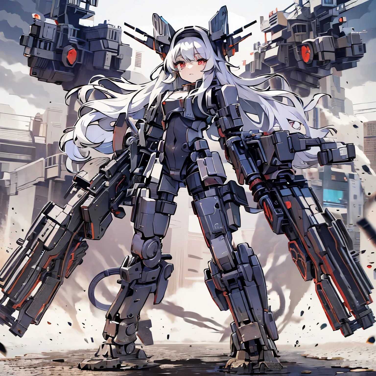 (masterpiece, Top quality), (Detailed hair), Very detailed, Anime style, whole body, Solitary, Girl in mechanical demon costume, long white hair and red eyes, Black Sci-Fi Aviator Bodysuit, Face-revealing headwear, Network training, Heavy high-tech artillery mounted on the arm, There is a mechanical floating gun behind, heavy boots, White background, whole body, Burnt Ground, Fighting Stance
