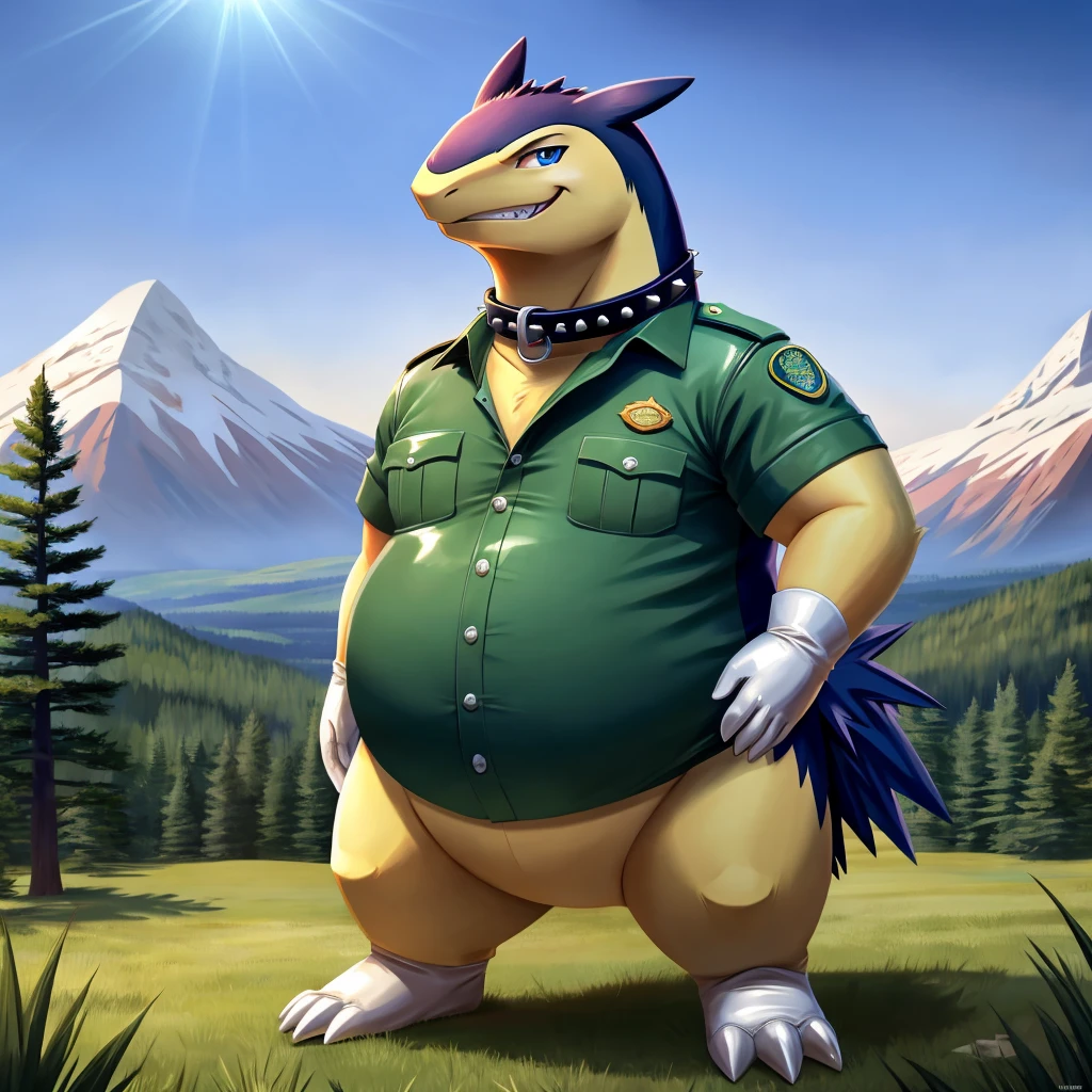 solo, full body, Male, fat, extremely obese, Typhlosion, park ranger, trousers, outdoor, park ranger uniform, collared shirt with buttons, blue eyes, (soft shading), 4k, hi res, ((detailed face, detailed)), looking at viewer, evil grin, Typhlosion is wearing the collared shirt and leather collar at the same time, Typhlosion is wearing a glossy leather dog collar around the neck with silver studs around the collar, Typhlosion is wearing white rubber gloves on the hands, white rubber gloves on the feet, gloves are rubber in texture, leather collar is shiny, leather collar is extremely detailed, rubber gloves are glossy, Evergreen pine forest and mountains national park in the background, Environmental protection area.