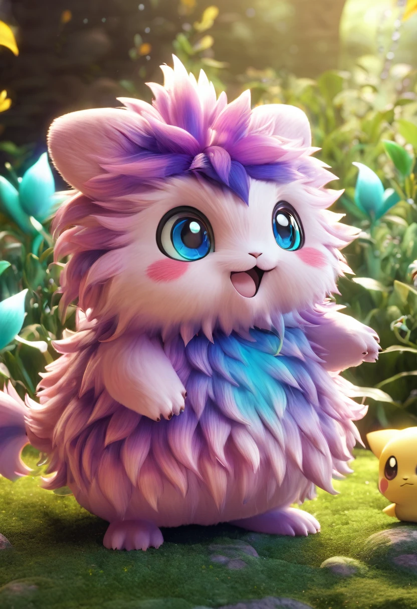 A cute pokemon monster, highly detailed, 2D render, vibrant colors, soft lighting, magical atmosphere, adorable expression, chubby cheeks, big eyes, fluffy fur, adorable pose, glowing effect, fantasy setting, intricate details, cute and whimsical, photorealistic, 8k, best quality, masterpiece