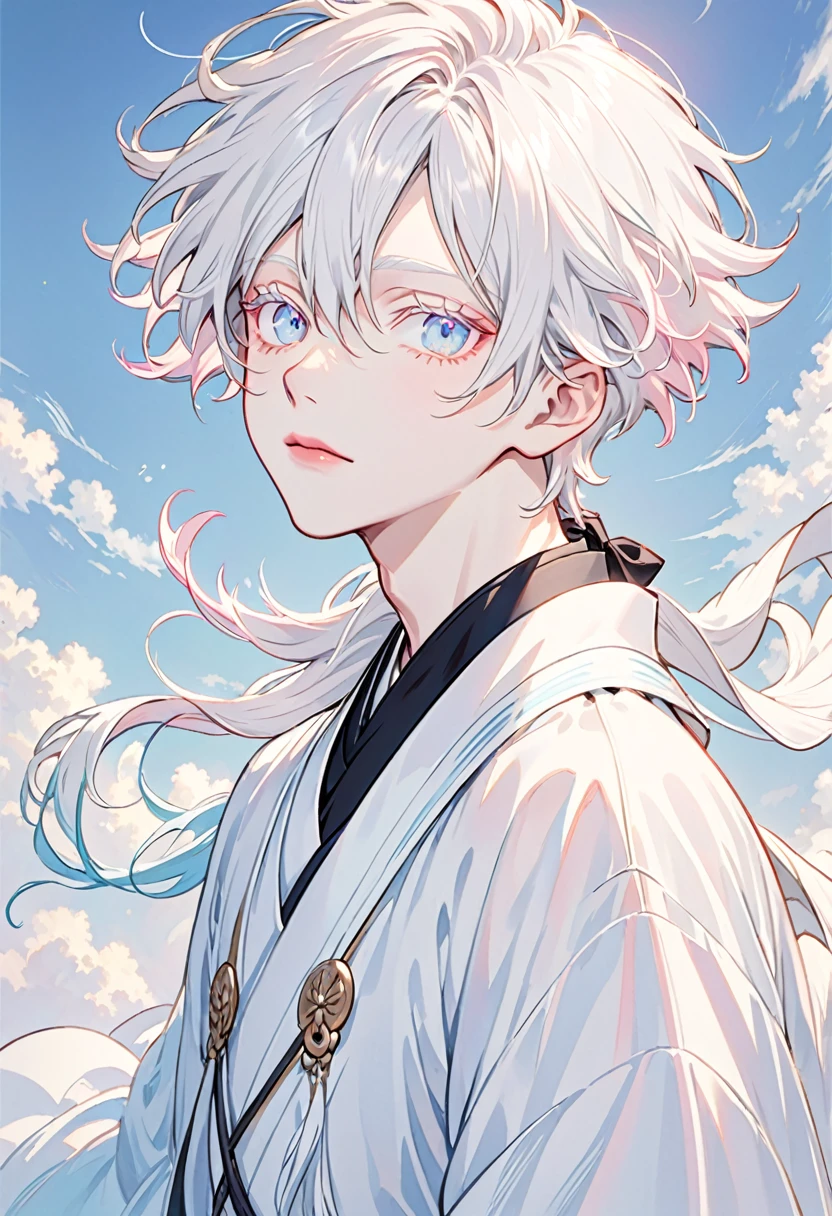 Adorable albino boy with light blue eyes, and long, drooping eyelashes, pink and full lips, He is a man with a calm expression, he has bright white hair, short in layers and split ends, and he is very handsome but at the same time tender. 