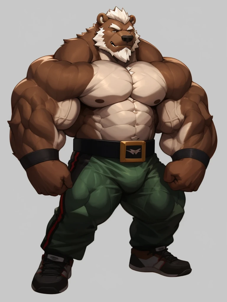 solo, 1boy, Huge Muscular Old Grizzly Bear wearing kickboxing MMA belt , thick pectoral, thick arms, huge pectoral, wide pectoral, hige brown fur, short white hair, MMA pants and shirtless, bearded, simple background, masterpiece, semirealistic:1.2, high detailed, 8k, high resolution