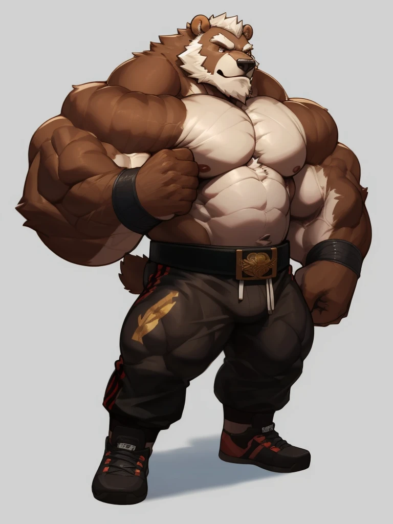 solo, 1boy, Huge Muscular Old Grizzly Bear wearing kickboxing MMA belt , thick pectoral, thick arms, huge pectoral, wide pectoral, hige brown fur, short white hair, MMA pants and shirtless, bearded, simple background, masterpiece, semirealistic:1.2, high detailed, 8k, high resolution