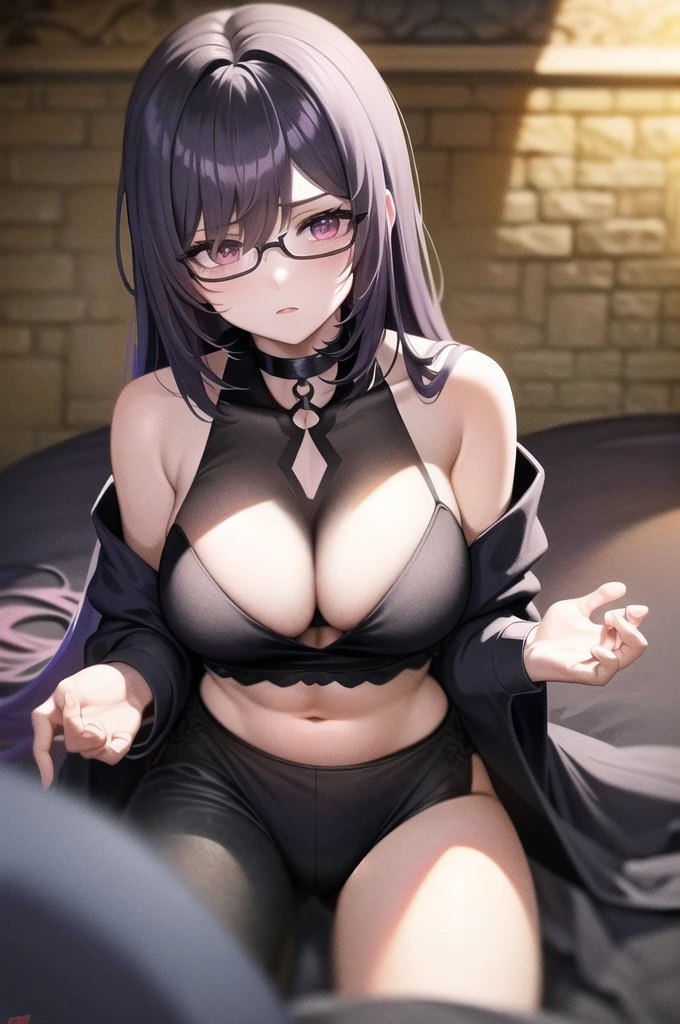 One girl, alone,Black bodysuit,Wear glasses on your head, belly button, pants, Purple eyes, rain, black pants, View your viewers, Bare shoulders, Stomach, abdomen, Purple Hair, Part your lips, choker, Off the shoulder, black choker, tattoo, underwear, panties, Sitting, Black crop top, Medium chest, 十字形のHalter neck, Halter neck, shirt, white shirt, Long Hair, High leg, black panties,Star Kafka,Huge breasts,Shiny,Shiny skin,Mature Woman