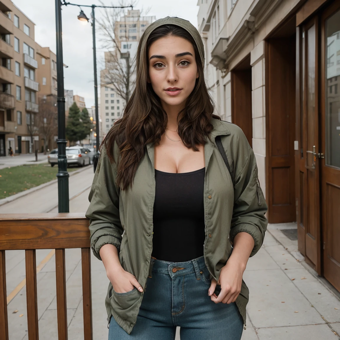 Extremely busty thin and toned brunette photographer, college girl, fair skin, loose side sweep, soft face, athletic, bandana babushka headwrap, tight olive green casual windbreaker, skinny jeans. standing in front of her apartment building, outdoors, city, camera bag, cleavage