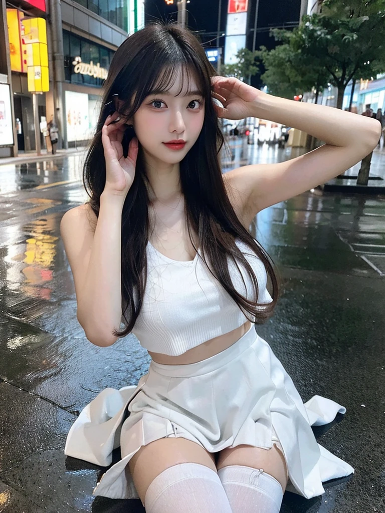 Stunning real photos, high quality masterpiece, beautiful young Japanese girl, long messy flowing hair in black and brown, perfect lips, perfect eyes, perfect hands, perfect fingers, toned body, big breasts, thin Waist, fair skin, wearing a white sleeveless deep V-neck tube top with many torn holes, abdominal muscles exposing her navel, white low-waisted torn microskirt, and white suspender stockings. His clothes were soaked from the heavy rain and stuck to his skin. The girl is the focus of a low angle full body shot as she walks down aj gray modern city street under heavy rain.