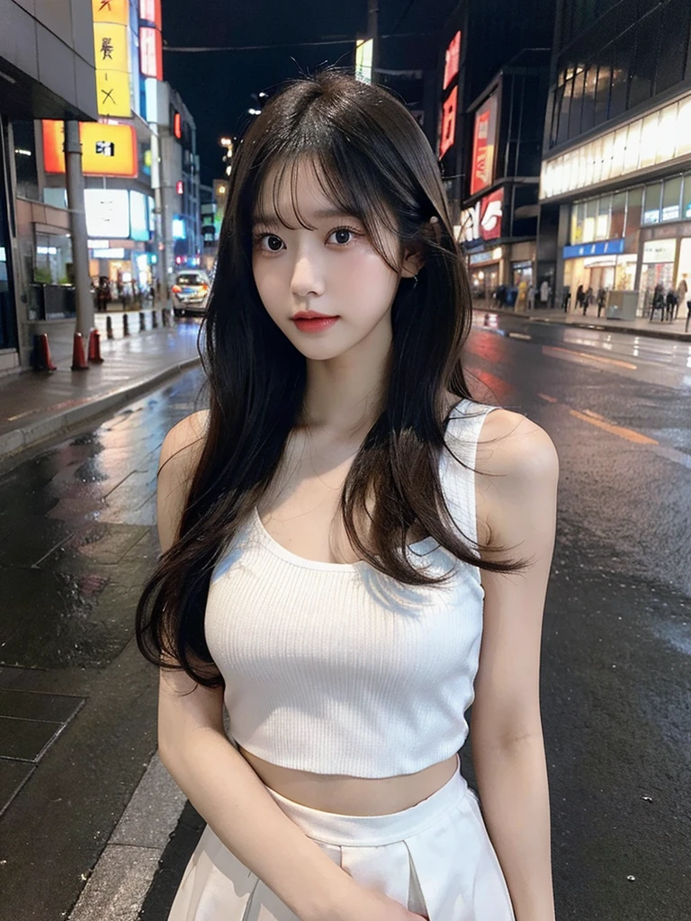 Stunning real photos, high quality masterpiece, beautiful young Japanese girl, long messy flowing hair in black and brown, perfect lips, perfect eyes, perfect hands, perfect fingers, toned body, big breasts, thin Waist, fair skin, wearing a white sleeveless deep V-neck tube top with many torn holes, abdominal muscles exposing her navel, white low-waisted torn microskirt, and white suspender stockings. His clothes were soaked from the heavy rain and stuck to his skin. The girl is the focus of a low angle full body shot as she walks down aj gray modern city street under heavy rain.