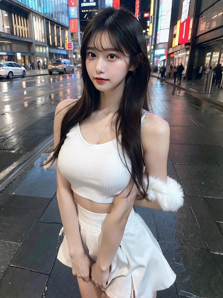 Stunning real photos, high quality masterpiece, beautiful young Japanese girl, long messy flowing hair in black and brown, perfect lips, perfect eyes, perfect hands, perfect fingers, toned body, big breasts, thin Waist, fair skin, wearing a white sleeveless deep V-neck tube top with many torn holes, abdominal muscles exposing her navel, white low-waisted torn microskirt, and white suspender stockings. His clothes were soaked from the heavy rain and stuck to his skin. The girl is the focus of a low angle full body shot as she walks down aj gray modern city street under heavy rain.