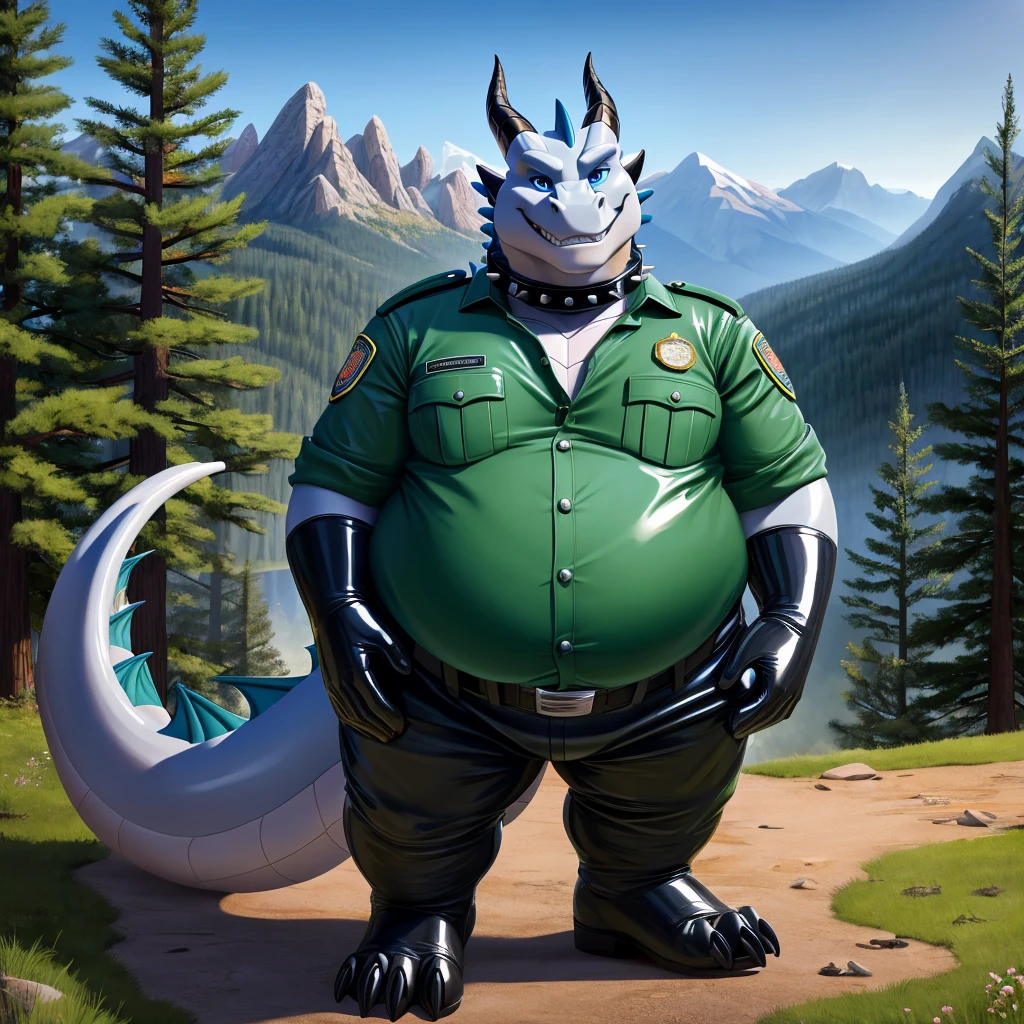 solo, full body, Male, fat, extremely obese, Dragon, park ranger, trousers, outdoor, park ranger uniform, collared shirt with buttons, blue eyes, (soft shading), 4k, hi res, ((detailed face, detailed)), looking at viewer, evil grin, Dragon is wearing the collared shirt and leather collar at the same time, Dragon is wearing a glossy leather dog collar around the neck with silver studs around the collar, Dragon is wearing white rubber gloves on the hands, white rubber gloves on the feet, gloves are rubber in texture, leather collar is shiny, leather collar is extremely detailed, rubber gloves are glossy, Evergreen pine forest and mountains national park in the background, Environmental protection area.