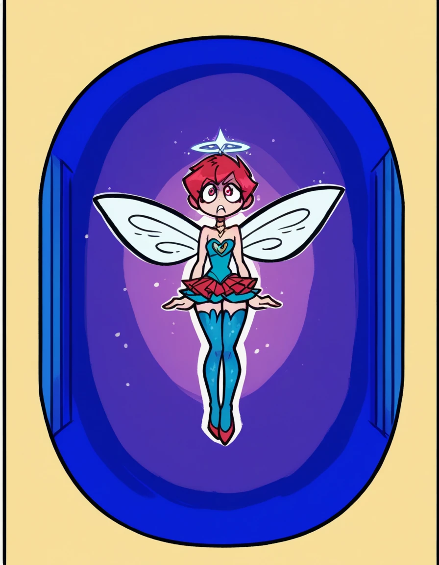 zPDXL, score_9, score_8_up, score_7_up, source_anime,
1girl, solo, heart eyes, (sitting on lap), angel wearing Ethereal white ensemble with a flowing top, layered tulle skirt, wearing a ethereal tiara crafted from moonlight, red stockings, red ballet flats, feathered (angel wings), (angel halo), wearing a celestial amulet glowing with inner radiance, Tinker Bell blue , fairy, long red hair, fairy wings,long cheveux ,angry