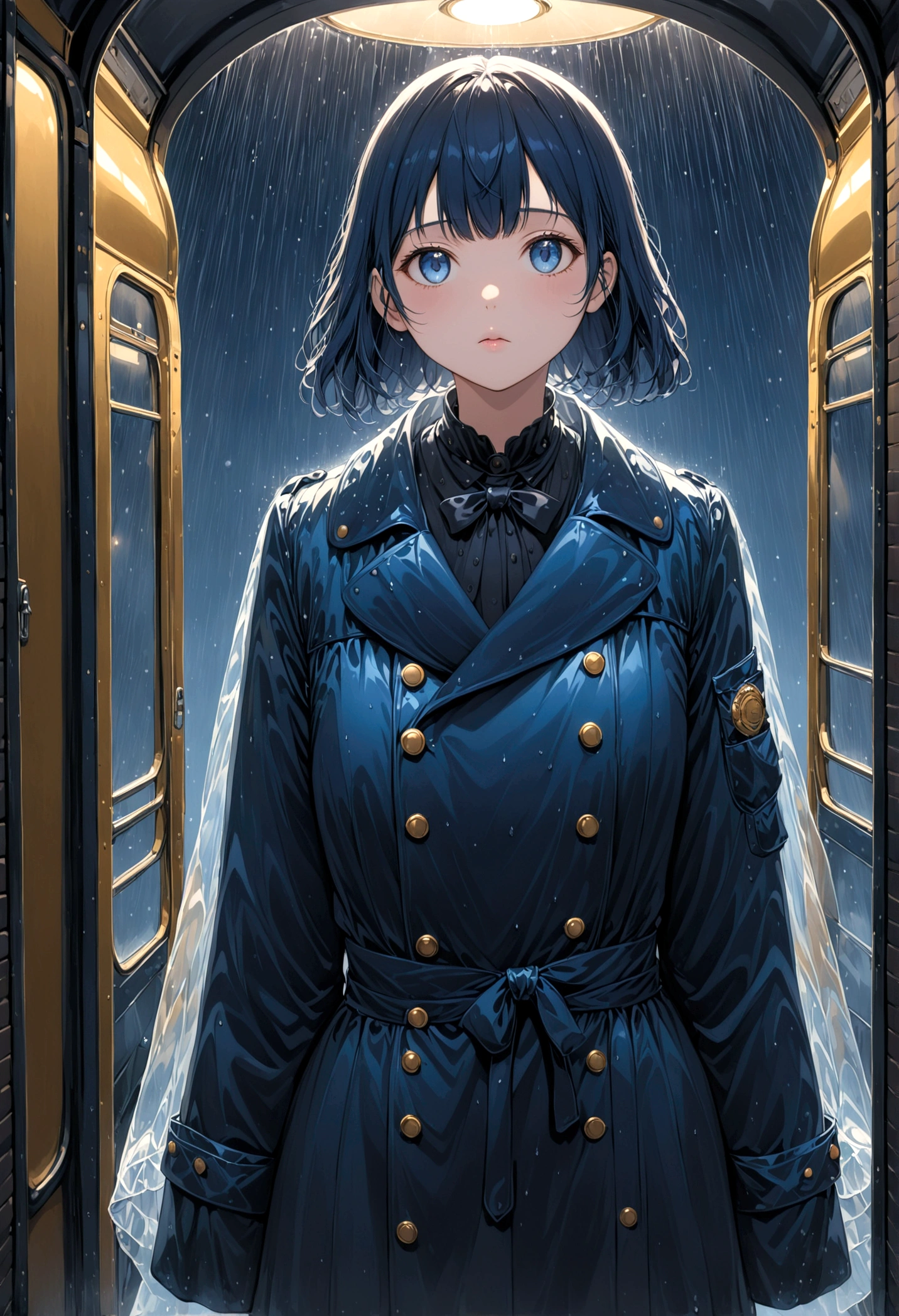 ((chef-d&#39;œuvre), qualité absurde, 16k, 1 fille aux cheveux courts, Porter un manteau bleu foncé, Elle est longue, Métro faiblement éclairé. La caméra perspective capture l&#39;intégralité du véhicule. Dans la calèche, Intime, Dans un coin sombre et mal éclairé par les feux clignotants, Un fantôme sans visage apparaît vêtu de vêtements noirs transparents, C&#39;est translucide, L&#39;éclairage est si faible qu&#39;on ne voit presque rien. La jeune fille de profil respire de l&#39;air froid par sa respiration. Des gouttes de pluie froides tombent sur la fenêtre brumeuse、Une faible lumière brille de l&#39;extérieur。, Égayez l’atmosphère intérieure..Une fille avec une expression calme et réfléchie, L&#39;homme sans visage regarde en silence.