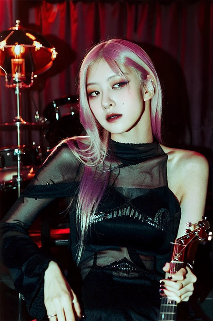 Vampire girl, cool, blonde hair, guitar in the background, dark vibe
