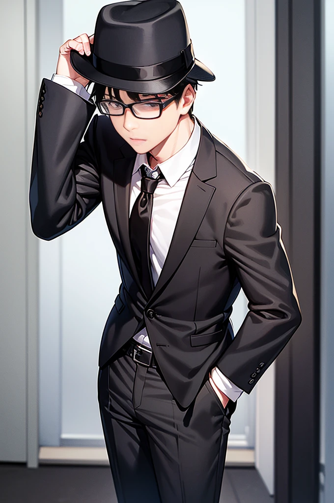 Young man, black shorts hair, eyes gray, glasses, black Fedora hat, black suit, black pants, pocket clock, strong