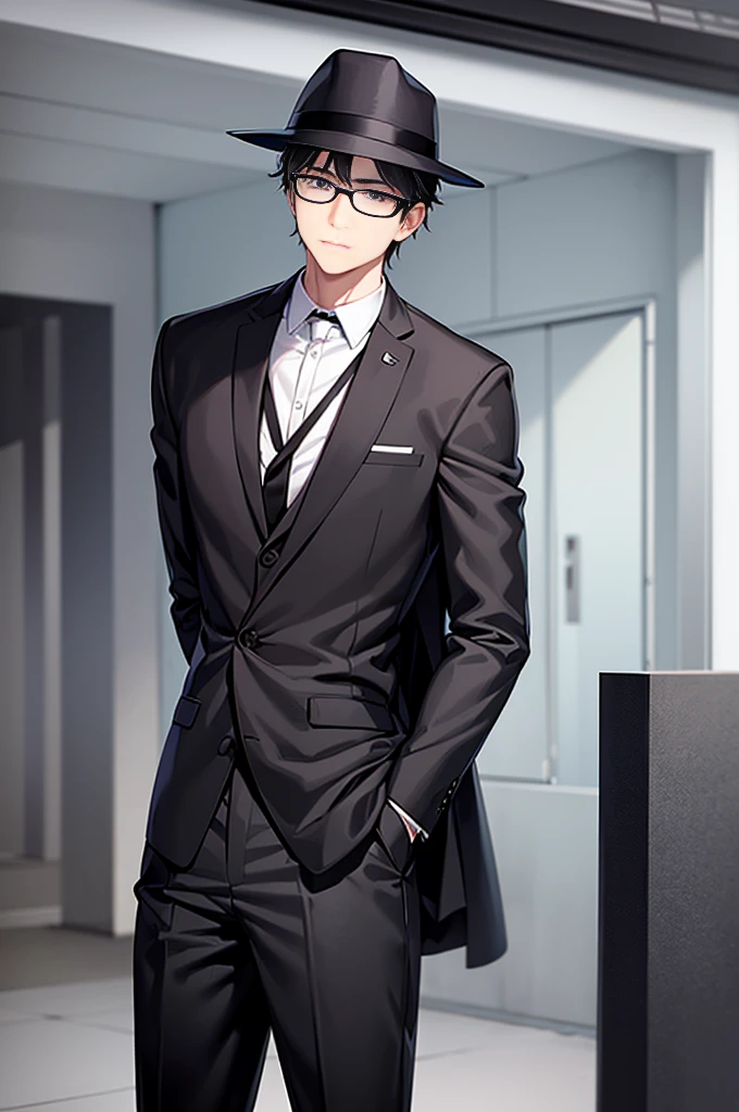 Young man, black shorts hair, eyes gray, glasses, black Fedora hat, black suit, black pants, pocket clock, strong