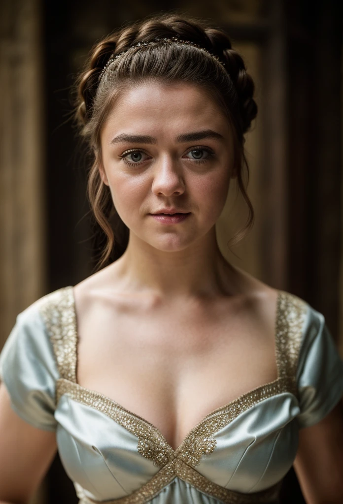 Foto RAW, Arya Stark, Stunning Beauty, Ravishing, Enchantress, Extremely gorgeous lady, Arya Stark PLAYED BY MAISIE WILLIAMS, Queen Arya Stark, she a mature woman now, milf, sexy mediaeval battle dress, gladiator woman, body, 40 years old Woman, Roman slave dress, cotton dress, busty mediaeval costumes, body revealing costumes, perky breast, big natural breast, erotic costumes, lusty physique, seductive figure can capture every people's attention, Game of thrones costumes, revealing captivating figure, Mediaeval costumes, revealing clothes, A tomboy, she would rather fence than dance, warrior queen , game of thrones screen caps, Game of Thrones Series, (pele altamente detalhada: 1.2), 8k UHD, DSLR, soft-lighting, alta qualidade, grain of film, Fujifilm XT3, flawless picture, highly detailed, detailed Beauty, intricate, 32k, sharp picture,