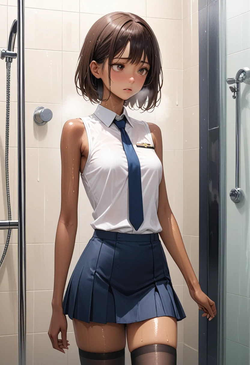 (masterpiece,Highest quality:1.3,best quality illustration),realistic,cowboy shot,1woman,30 year old Japanese beauty,((very small head:1.4)),short bob hair,brown hair,bangs,brown eyes,gorgeous eyes,sad,Heavy breathing,((White collared shirt、Blue tie、Navy blue mini skirt、black thighhighs)),Naval Officer Uniform,small breasts,((very long body:1.4,tan skin:1.3)),(toned body,slender body,skinny),gleaming skin,shiny skin,wet:1.5,standing,shower room,Naval Base、