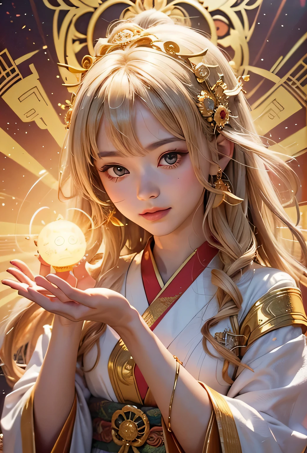 "Child of the Sun, Goddess of Love": Within a sacred sanctuary bathed in sunlight, depict the figure of a sun goddess who governs love, facing forward and emanating divine radiance. She is a , around 3 years old. Zoom in to focus on her face, with a gleaming orb of light in her hands, representing the life-giving power of the sun. Her hair is shimmering gold, and she is wearing a traditional miko outfit as seen in Japanese shrines. The background should be predominantly gold, evoking a sense of divine splendor, with numerous heart-themed objects expressing the beauty of love. The setting is in heaven, enveloped in soft, bright light, where one can find tranquility and peace of mind, free from any trace of anxiety.Straight-on.