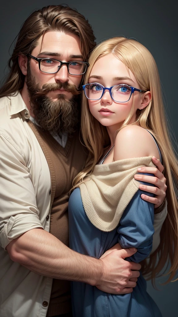 Düner 39 year old man with glasses, brown hair, brown eyes, Beard and mustache hugs 12 year old blonde girl with blue eyes