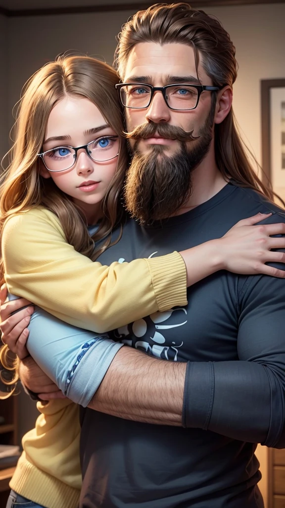 Düner 39 year old man with glasses, brown hair, brown eyes, Beard and mustache hugs blonde girl with blue eyes