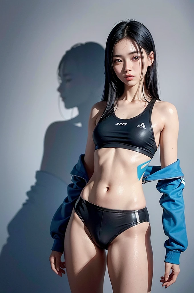 20-year-old woman with blue sport cloth, Black-haired, high contrast (Natural skin texture, Hyperrealism, Soft Ligh, sharp), high resolution, standing pose