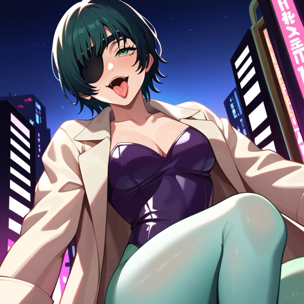 mature female, mature, Adult, himeno, himeno(Chainsaw Man), 1girl, black hair, short hair, eyepatch, Himeno(Chainsaw Man), solo, naughty face, rolling_eyes, cross-eyes, ahegao, open mouth tongue out, nsfw, Villains, Open coat, latex purple leotard under the trench coat, Light green pantyhose, chest, View your audience, Night town, City, skyscraper, Night, Dark, dramatic angle, unique perspective, unique angle, masterpiece, Top animation quality,Top image quality,