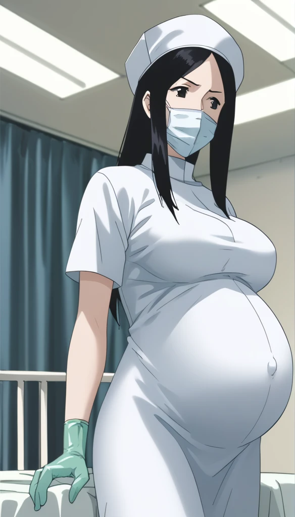 score_9,  score_8_up, score_7_up, source_anime, raw image, masterpiece, highest quality, kasuganoray, pale skin, worried eyes, sweating, long black hair, , see , scrubs, surgical mask, surgical cap, long sleeve maternity dress, seamless, , navel head, 
1girl, pregnant, solo, long rubber gloves, looking down, furrowed brow, hospital bed, light shines from the ceiling, standing