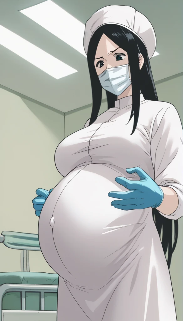 score_9, score_8_up, score_7_up, source_anime, raw image, masterpiece, highest quality, kasuganoray, pale skin, worried eyes, sweating, long black hair, big breasts, see tits, scrubs, surgical mask, surgical cap, long sleeve maternity dress, seamless, tits, navel head,
1girl, pregnant, solo, long rubber gloves, looking down, furrowed brow, hospital bed, light shines from the ceiling, standing