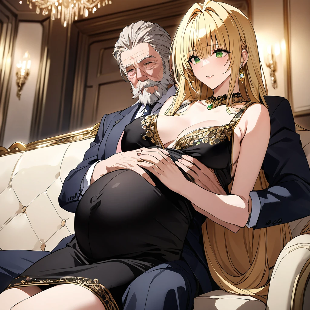 ((Highest quality)), ((masterpiece)), (detailed), (Perfect Face)、The woman is a Tier, with green eyes, medium-long blonde hair, and is wearing a luxurious black maternity dress with gold embroidery and trim, jeweled earrings, and an engagement ring. The woman is holding her baby daughter in both hands.、The woman is sitting close to the man on a luxurious sofa in a luxurious room, the couple sitting side by side、The man is a dignified, bearded old man, extremely wealthy, wearing an expensive suit with lavish gold embroidery and trim, and wearing an engagement ring.