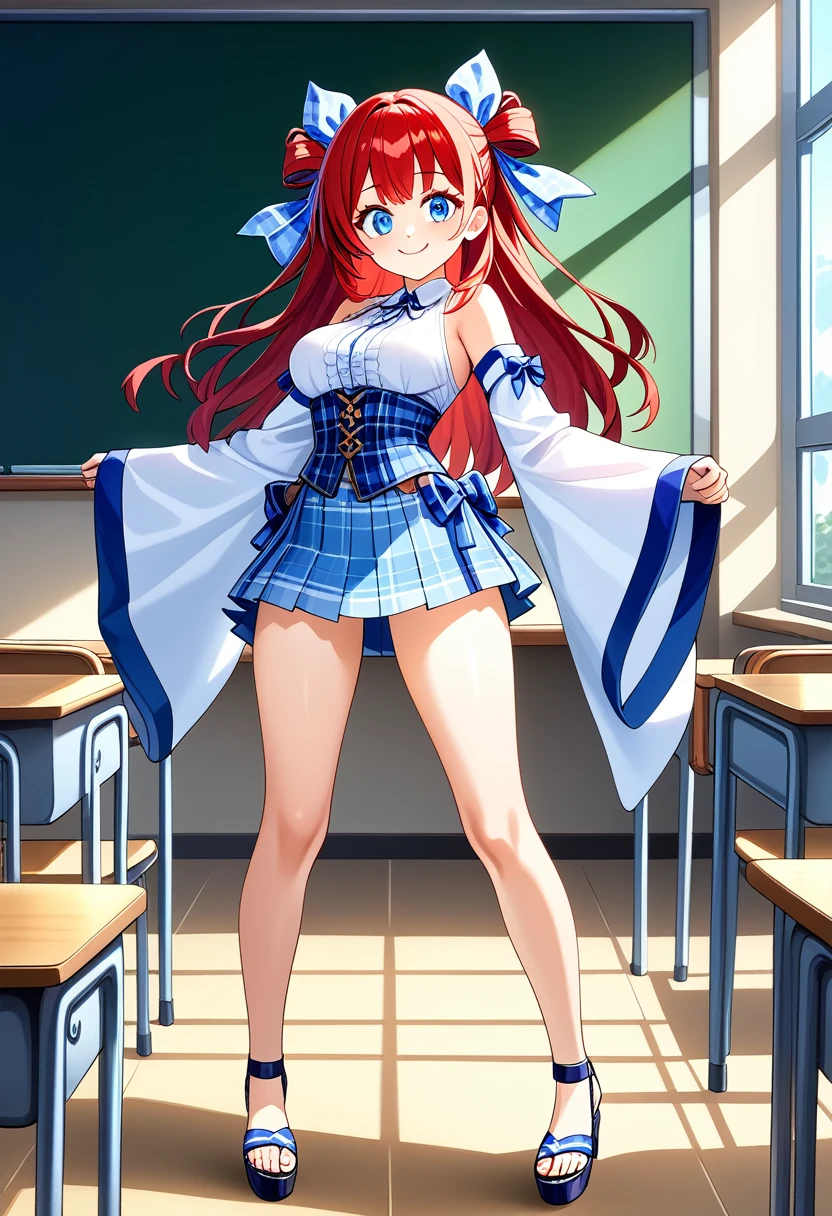 ((Highest quality)), ((masterpiece)), (be familiar with), Perfect Face, Big eyes, Drooping eyes, eyelash, The sparkling light of the eyes, long red hair, blue eyes, white sleeveless blouse, detached sleeves, wide sleeves, heel sandals, (light blue plaid corset pleated mini skirt), hair ribbon, smile, medium breasts, closed mouth, whole body, classroom