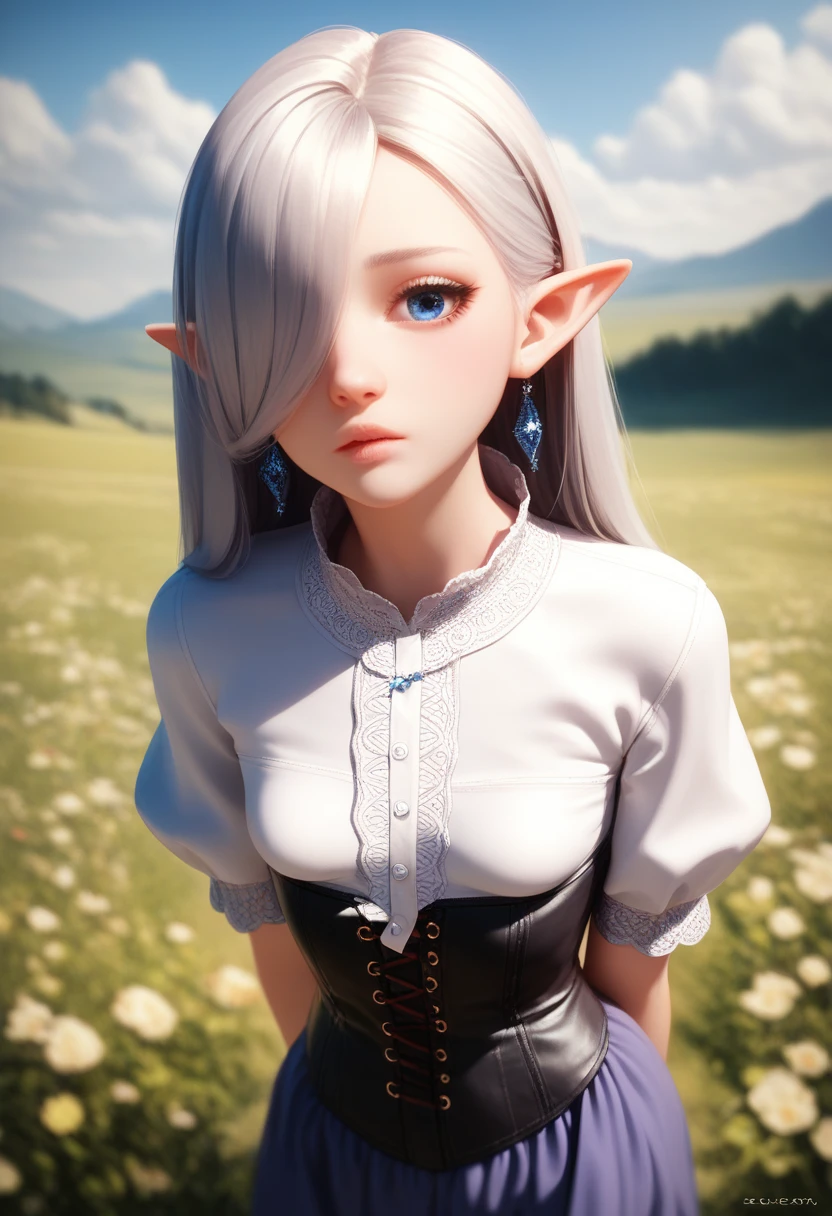 elegant fantasy portrait of a half-elf girl, detailed skin and cloth textures, beautiful detailed face, intricate details, extremely detailed, 1girl, pale skin, short stature, very long silver hair that curls at the ends, small breasts, pouty lips, dynamic pose with hair covering one eye, bright blue anime-style eyes with long lashes, shy personality, wearing a leather corset, white puffy-sleeved shirt, and poufy cloth pants tucked into boots, windy fantasy landscape, best quality, 8k, masterpiece