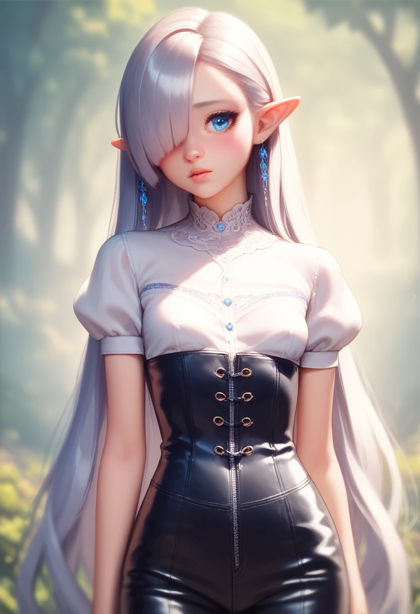 elegant fantasy portrait of a half-elf girl, detailed skin and cloth textures, beautiful detailed face, intricate details, extremely detailed, 1girl, pale skin, short stature, very long silver hair that curls at the ends, small breasts, pouty lips, dynamic pose with hair covering one eye, bright blue anime-style eyes with long lashes, shy personality, wearing a leather corset, white puffy-sleeved shirt, and poufy cloth pants tucked into boots, windy fantasy landscape, best quality, 8k, masterpiece